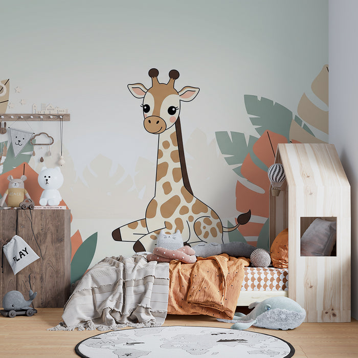 Nursery room wallpaper | Funny giraffe surrounded by tropical foliage