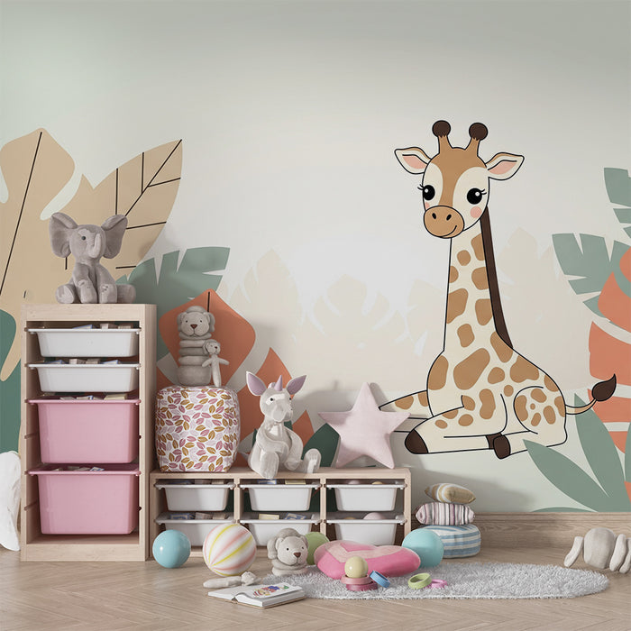 Nursery room wallpaper | Funny giraffe surrounded by tropical foliage