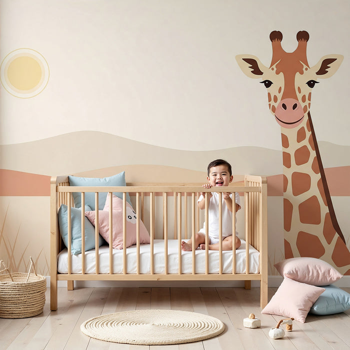 Lastenhuoneen tapetti | Hymyilevä kirahvi lempeässä ja rauhoittavassa maisemassa