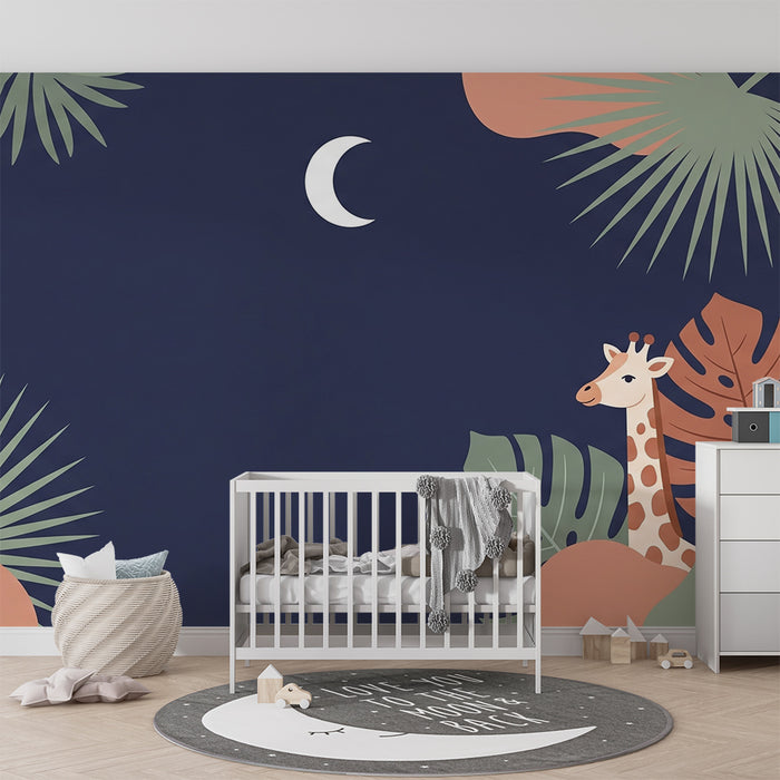Papel de parede quarto bebê | Girafa sob a lua e folhagem tropical