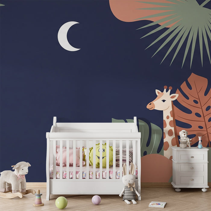 Papel de parede quarto bebê | Girafa sob a lua e folhagem tropical