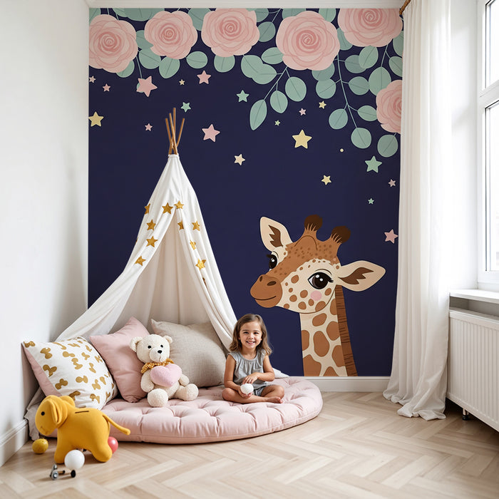 Nursery room wallpaper | Giraffe under a starry sky