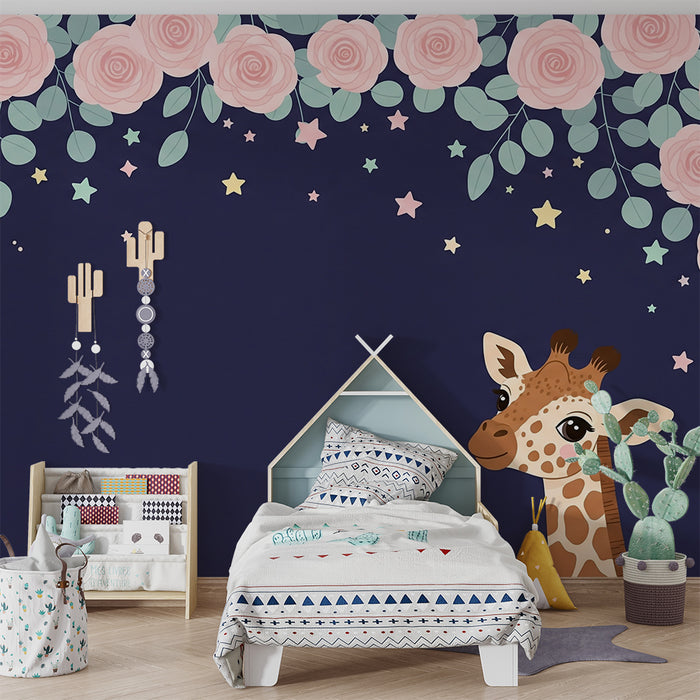 Nursery room wallpaper | Giraffe under a starry sky