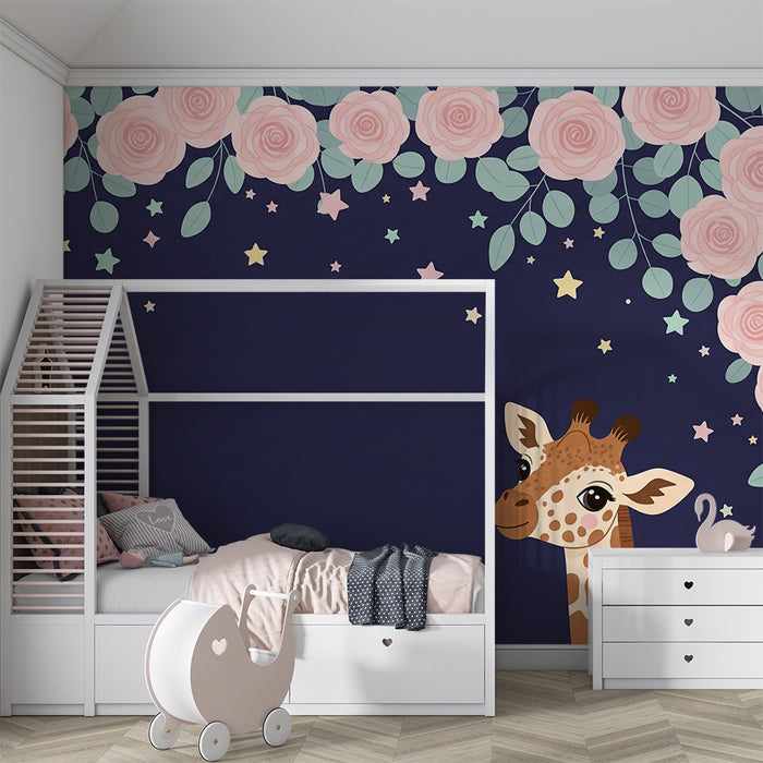 Nursery room wallpaper | Giraffe under a starry sky