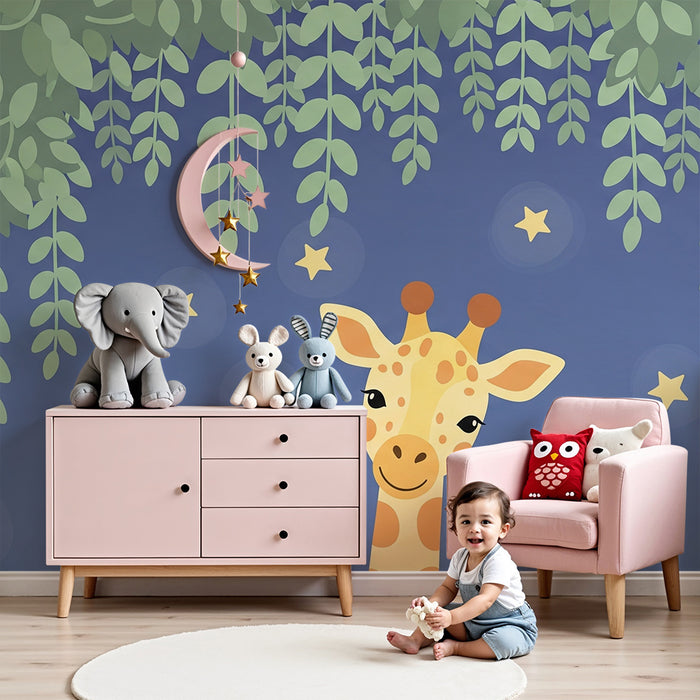 Nursery room wallpaper | Giraffe under a beautiful starry sky