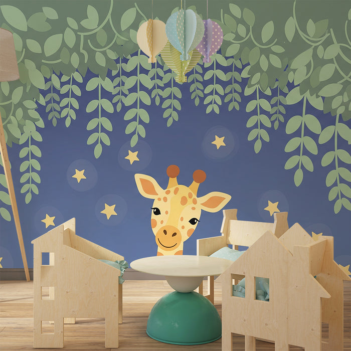 Nursery room wallpaper | Giraffe under a beautiful starry sky