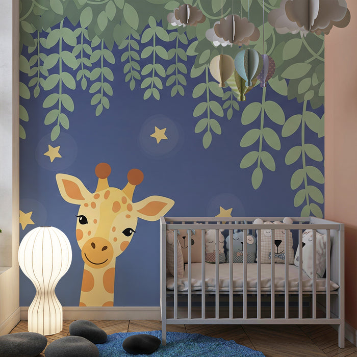 Nursery room wallpaper | Giraffe under a beautiful starry sky