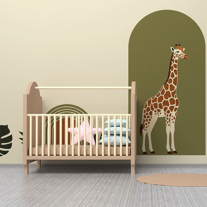 Behang babykamer | Gestileerde giraf en bladmotieven in kleurrijke bogen