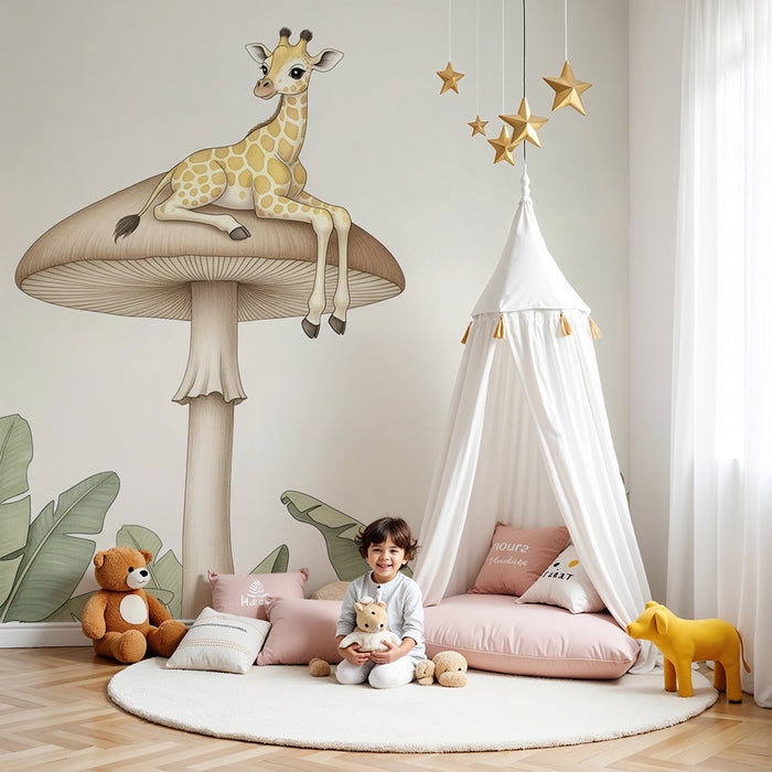 Carta da parati bambini | Giraffa su un fungo magico
