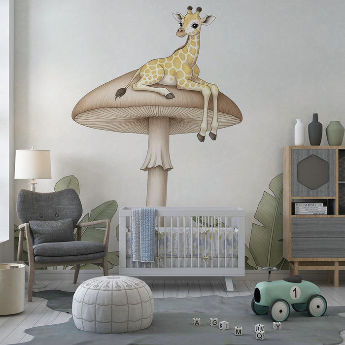 Carta da parati bambini | Giraffa su un fungo magico