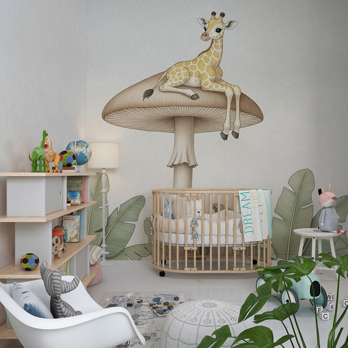Carta da parati bambini | Giraffa su un fungo magico