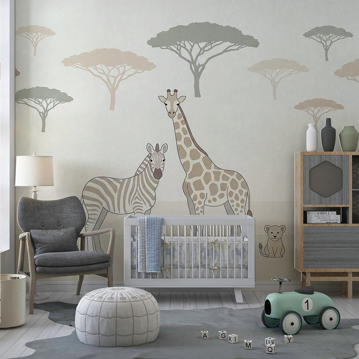 Papier peint chambre bébé | Girafe zèbre et lionceau dans un paysage apaisant
