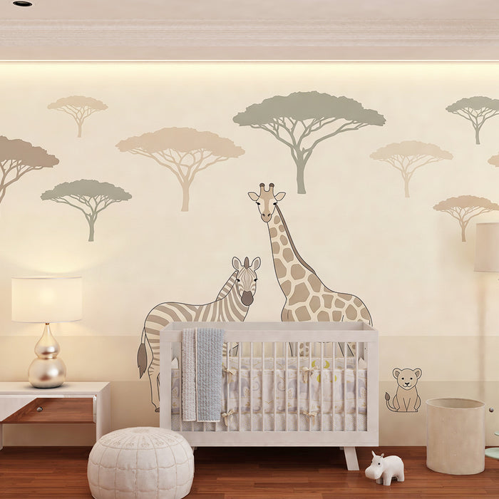 Papier peint chambre bébé | Girafe zèbre et lionceau dans un paysage apaisant