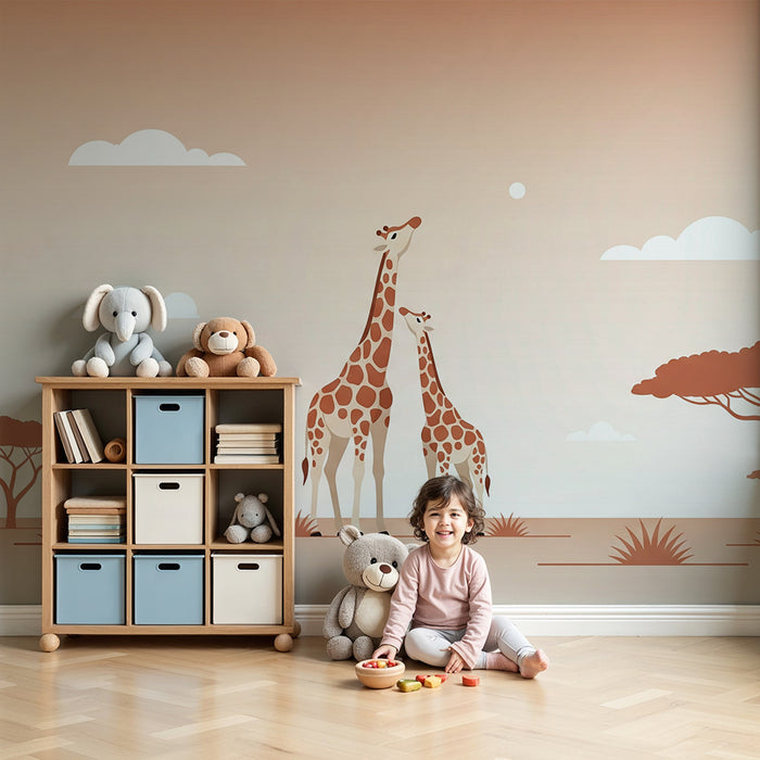 Babyzimmer Tapete | Liebevolle Giraffen unter einem Pastellhimmel