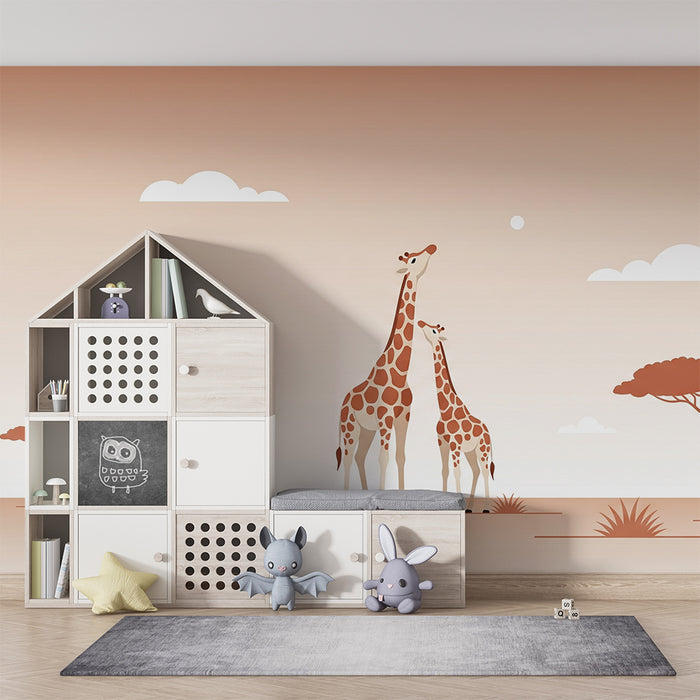 Babyzimmer Tapete | Liebevolle Giraffen unter einem Pastellhimmel