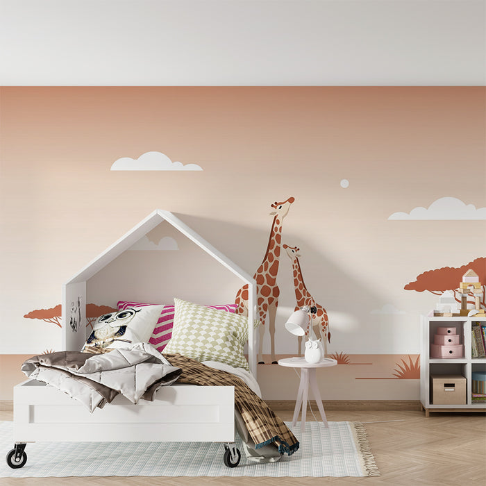 Babyzimmer Tapete | Liebevolle Giraffen unter einem Pastellhimmel