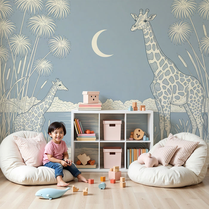 Papier peint chambre bébé | Girafes sous la lune avec un paysage apaisant