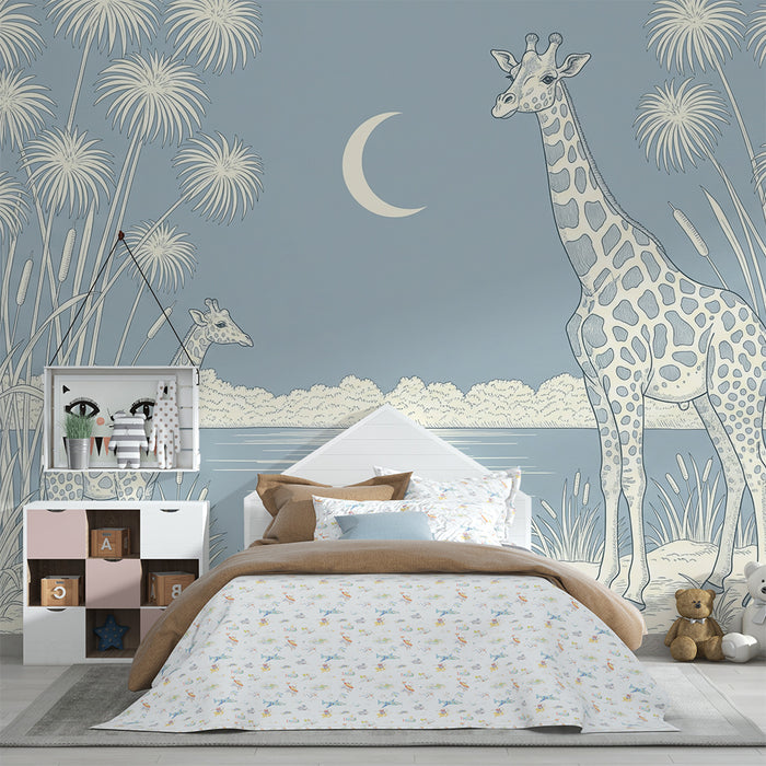 Papier peint chambre bébé | Girafes sous la lune avec un paysage apaisant