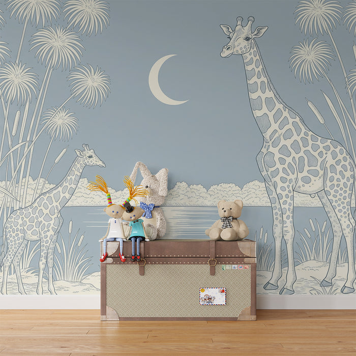 Papier peint chambre bébé | Girafes sous la lune avec un paysage apaisant