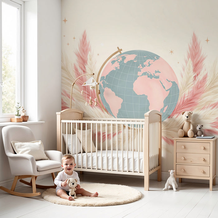 Papier peint chambre bébé | Globe terrestre entouré de plumes délicates et étoiles scintillantes