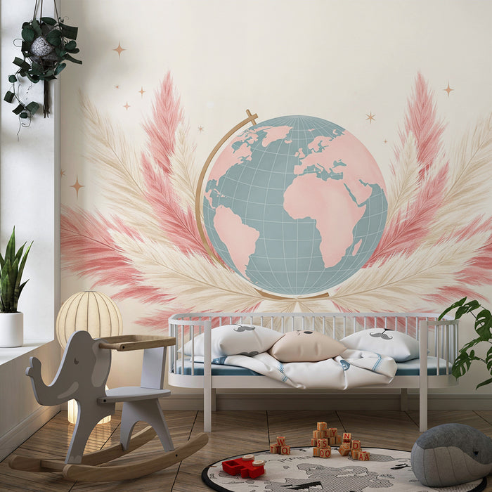 Papier peint chambre bébé | Globe terrestre entouré de plumes délicates et étoiles scintillantes