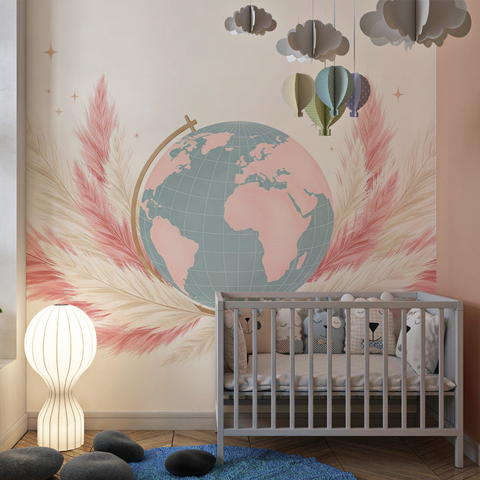 Papier peint chambre bébé | Globe terrestre entouré de plumes délicates et étoiles scintillantes