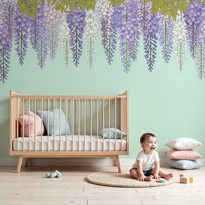 Papel de parede para quarto de bebé | Glicínias delicadas sobre fundo pastel