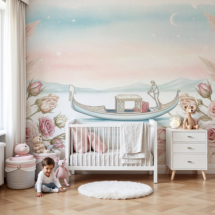 Babykamer behang | Romantische gondel omringd door delicate rozen