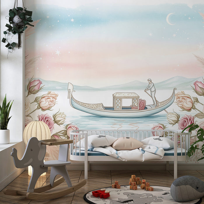 Babykamer behang | Romantische gondel omringd door delicate rozen