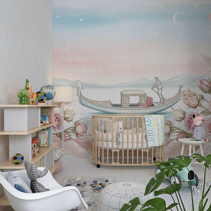 Babykamer behang | Romantische gondel omringd door delicate rozen