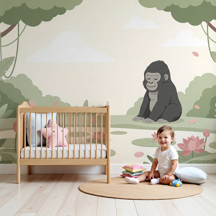 **Barneveggtapet | Fredelig gorilla ved en blomsterrik dam**