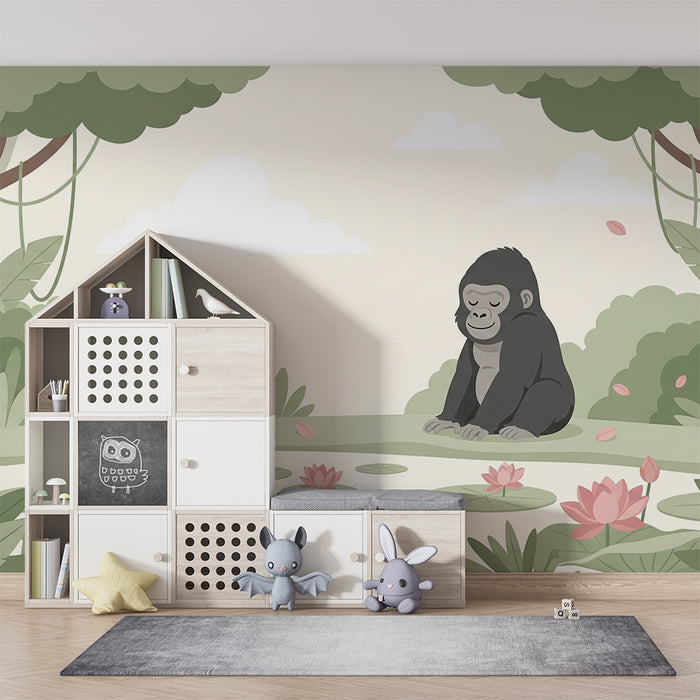 **Barneveggtapet | Fredelig gorilla ved en blomsterrik dam**