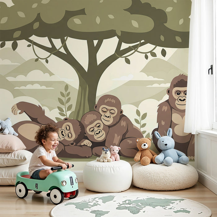Papier peint chambre bébé | Gorilles adorables sous un arbre dans la jungle
