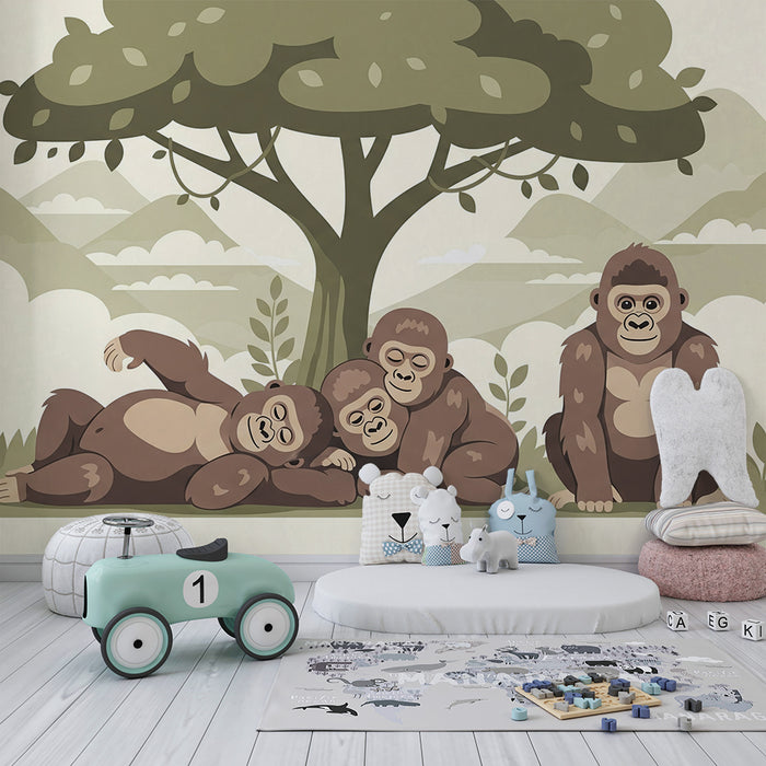 Papier peint chambre bébé | Gorilles adorables sous un arbre dans la jungle