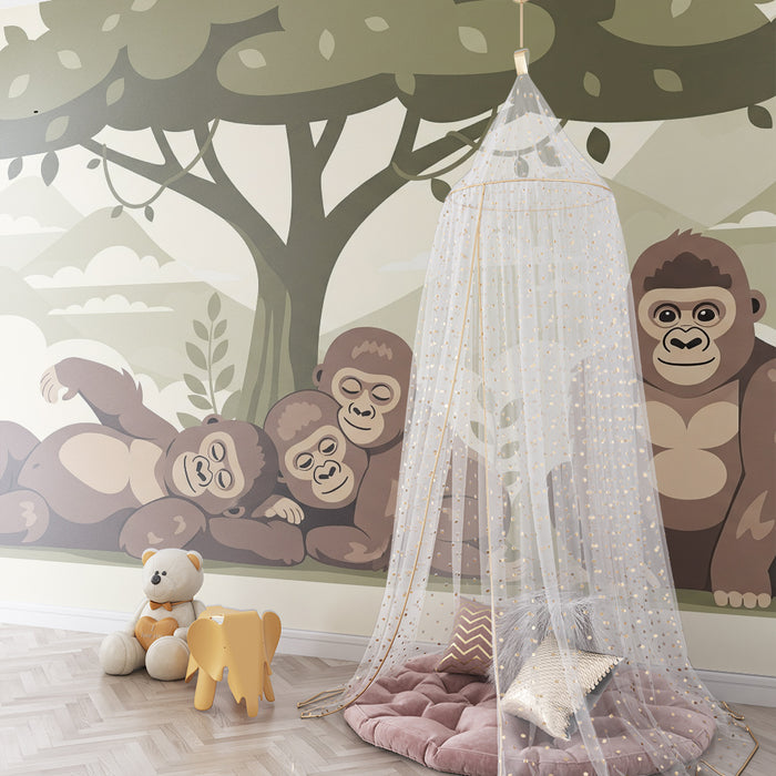 Papier peint chambre bébé | Gorilles adorables sous un arbre dans la jungle
