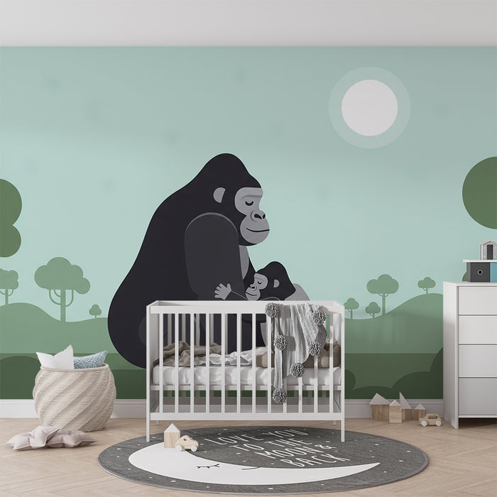 Babyværelses-tapet | Kærlige gorillaer i et roligt landskab