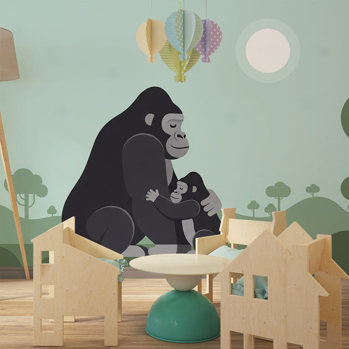 Babyværelses-tapet | Kærlige gorillaer i et roligt landskab