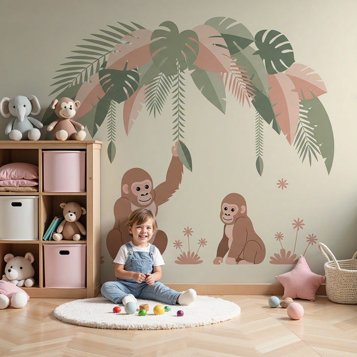 Bébi szoba tapéta | Vicces gorillák trópusi növényzet alatt