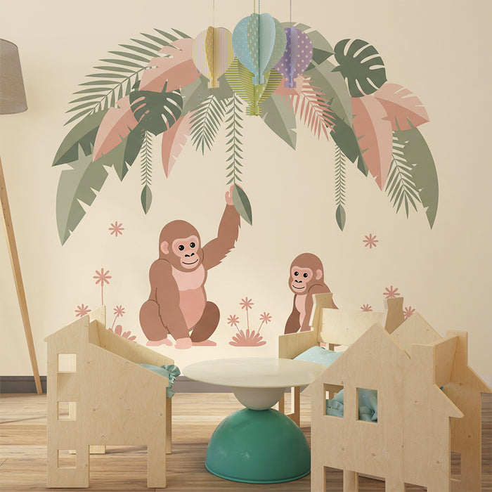 Bébi szoba tapéta | Vicces gorillák trópusi növényzet alatt