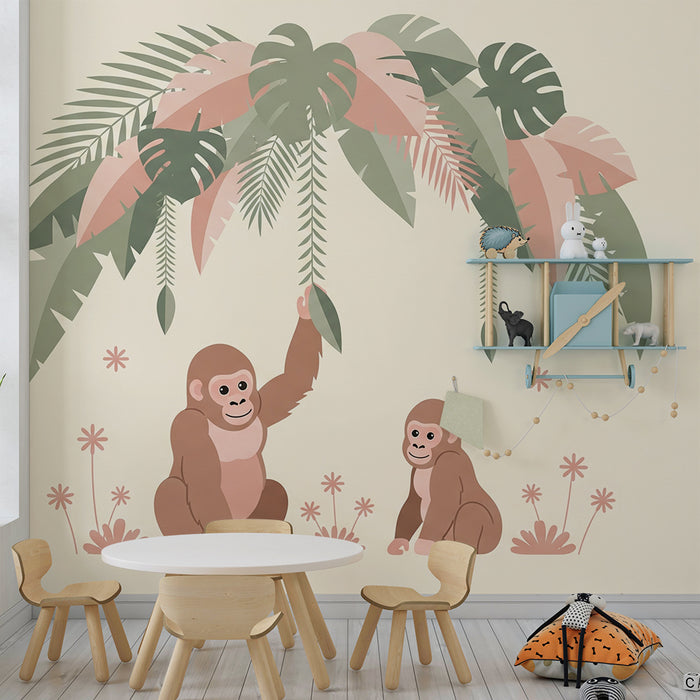 Bébi szoba tapéta | Vicces gorillák trópusi növényzet alatt