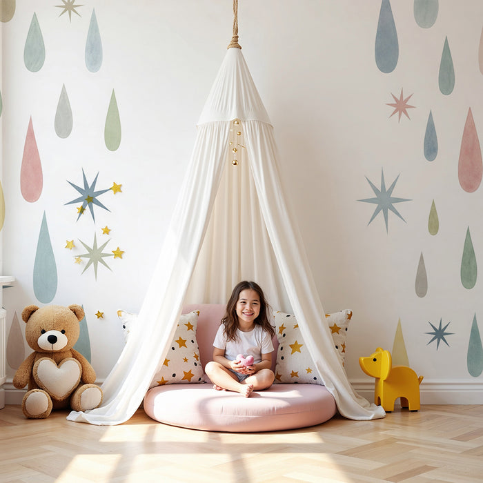 Tapeta dětského pokoje | Pastelové kapky a hvězdičky na bílém pozadí