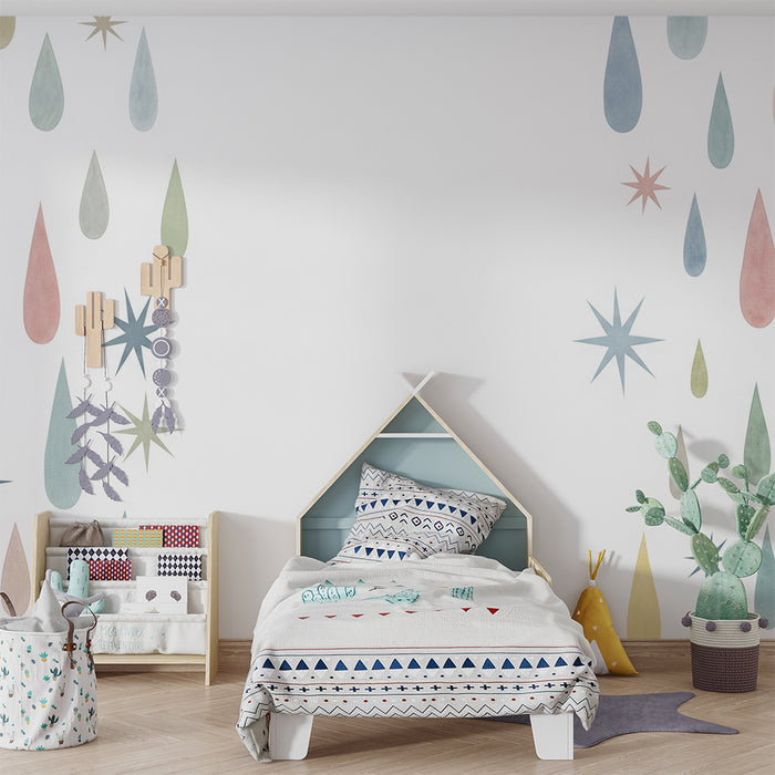 Tapeta dětského pokoje | Pastelové kapky a hvězdičky na bílém pozadí