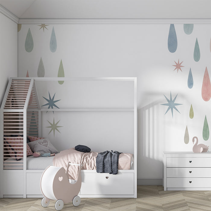 Tapeta dětského pokoje | Pastelové kapky a hvězdičky na bílém pozadí