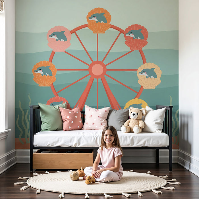 Babyzimmer-Tapete | Riesenrad am Meer mit bunten Delfinen und Muscheln