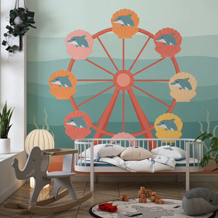 Babyzimmer-Tapete | Riesenrad am Meer mit bunten Delfinen und Muscheln