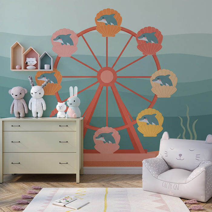 Babyzimmer-Tapete | Riesenrad am Meer mit bunten Delfinen und Muscheln