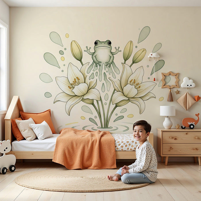 Papier peint chambre bébé | Grenouille joyeuse au milieu de fleurs délicates