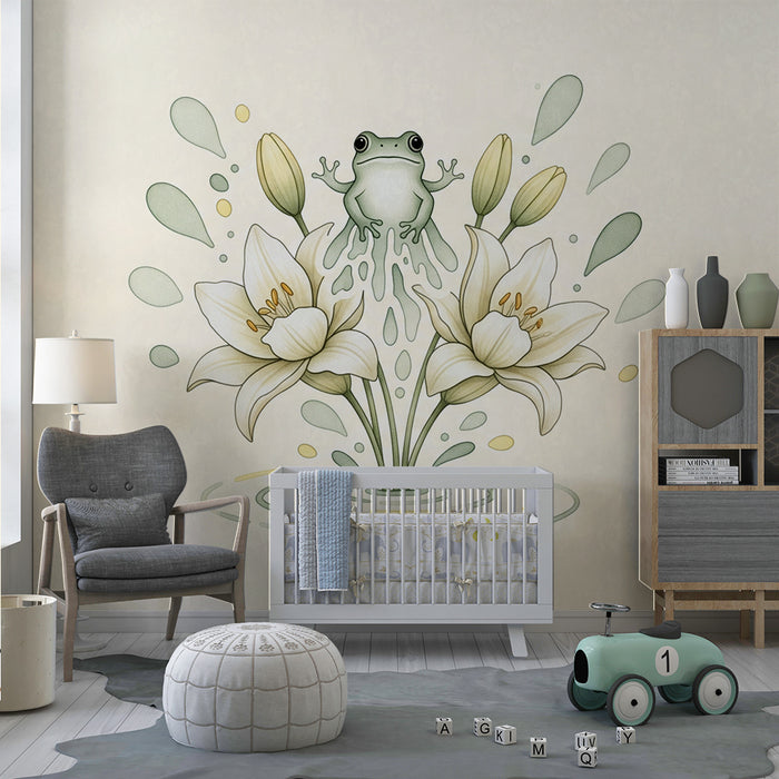 Papier peint chambre bébé | Grenouille joyeuse au milieu de fleurs délicates