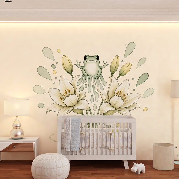 Papier peint chambre bébé | Grenouille joyeuse au milieu de fleurs délicates