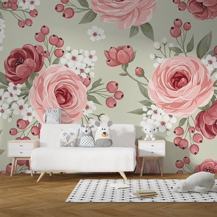 Barntapet | Stora buketter av rosor på en salvia grön bakgrund
